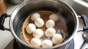 Professional stainless steel pot with bamboo steamer basket containing room-temperature eggs arranged in single layer above rolling boiling water, steam visibly rising around basket, kitchen counter setting with natural lighting