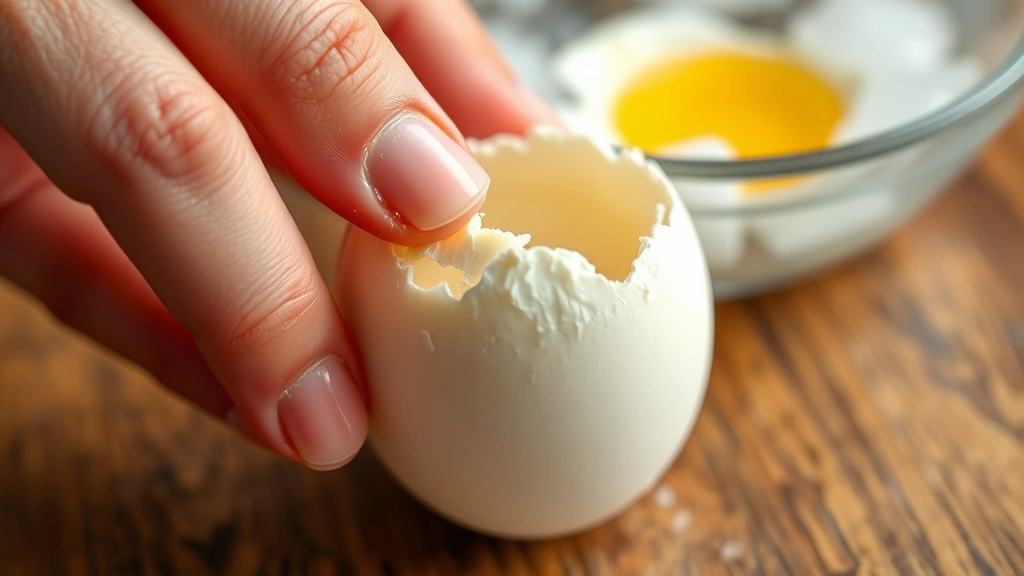 Close-up of hand gently cracking steamed egg shell against hard surface, showing textured shell pattern, with bowl of ice water visible in background, preparation for peeling demonstration