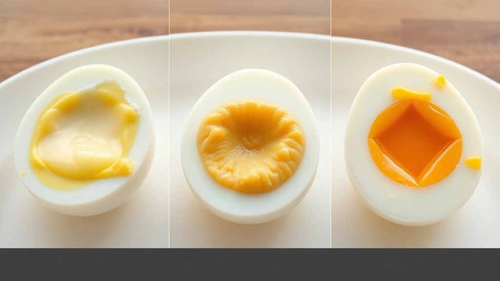 Split-screen comparison showing three steamed eggs cut in half displaying different yolk consistencies: runny soft-boiled yolk, creamy jammy yolk center, and fully cooked hard-boiled yolk, arranged on white plate