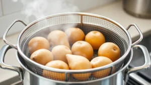 Professional stainless steel steamer basket filled with whole medium sweet potatoes sitting above boiling water in a large metal pot, steam rising visibly, clean kitchen background