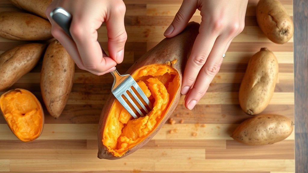 Overhead shot of hands using fork to test doneness of steamed sweet potato on wooden cutting board, flesh clearly yielding to fork pressure, multiple cooked potatoes nearby