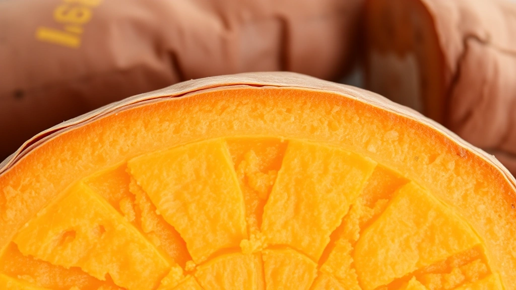Cross-section view of perfectly steamed sweet potato showing creamy orange flesh texture, skin slightly wrinkled, steam still visible, fresh condition clearly evident
