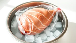 Professional kitchen scene showing a whole frozen ham in a clear plastic bag submerged in a stainless steel bowl of cold water with ice cubes, thermometer visible in water, clean white kitchen counter background, bright natural lighting