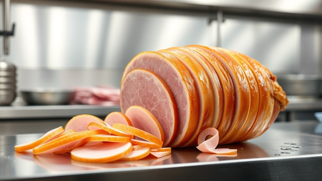 Large spiral-cut ham on stainless steel countertop with water droplets, professional kitchen lighting, fresh preparation setup