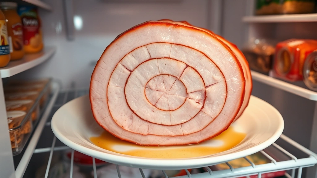 Close-up of a large spiral-cut ham thawing on a white ceramic plate inside a refrigerator, clear drippings visible on plate, organized refrigerator shelves with other foods visible in background, professional food photography style