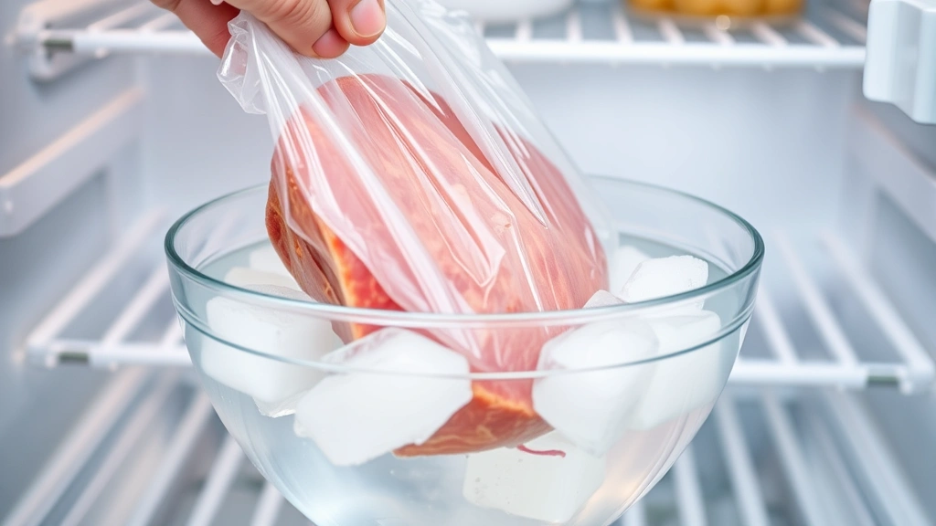 Vacuum-sealed ham being placed into clear glass bowl of cold water with ice, refrigerator background blurred, food safety demonstration