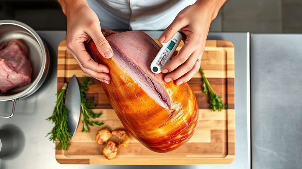 Overhead shot of a butcher's hands holding a fully thawed ham on a wooden cutting board with a meat thermometer inserted into the thickest part, showing safe temperature, fresh herbs nearby, professional kitchen setting with stainless steel surfaces