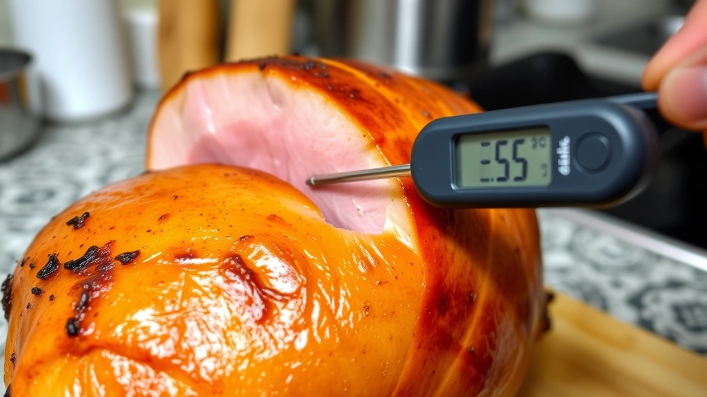 Meat thermometer inserted into cooked ham cross-section showing proper temperature check, golden-brown ham surface, kitchen counter setting