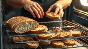Professional baker arranging thick-cut artisanal bread slices on a stainless steel oven rack, showing golden-brown toasted results, warm lighting highlighting bread texture and color