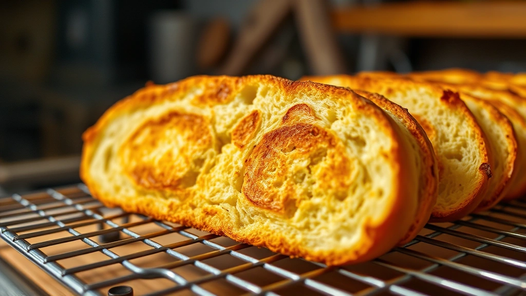 Close-up of freshly toasted bread cooling on a wire rack, steam rising from surface, golden-brown exterior visible with crispy edges, rustic kitchen background with oven visible