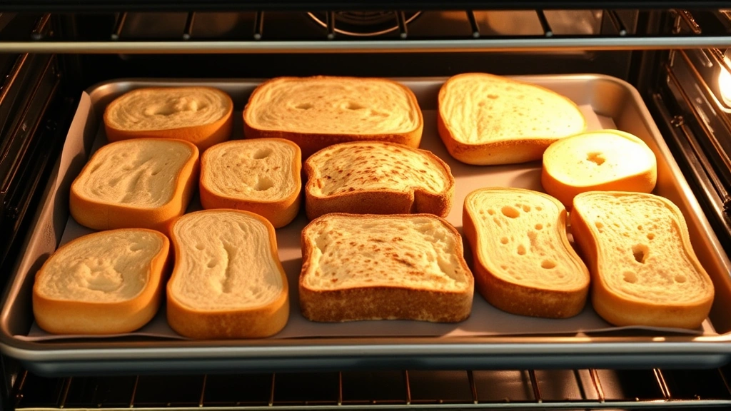Multiple bread varieties arranged on baking sheet inside open oven showing various toasting stages, from pale to golden brown, demonstrating even heat distribution and monitoring process
