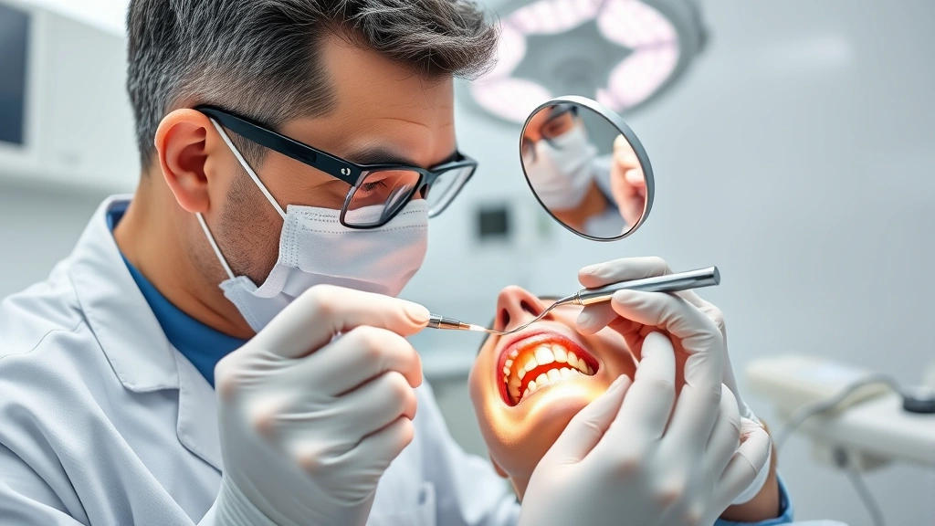Dentist examining patient's teeth with mirror and explorer tool to check composite filling placement and bite alignment, sterile dental operatory with overhead light