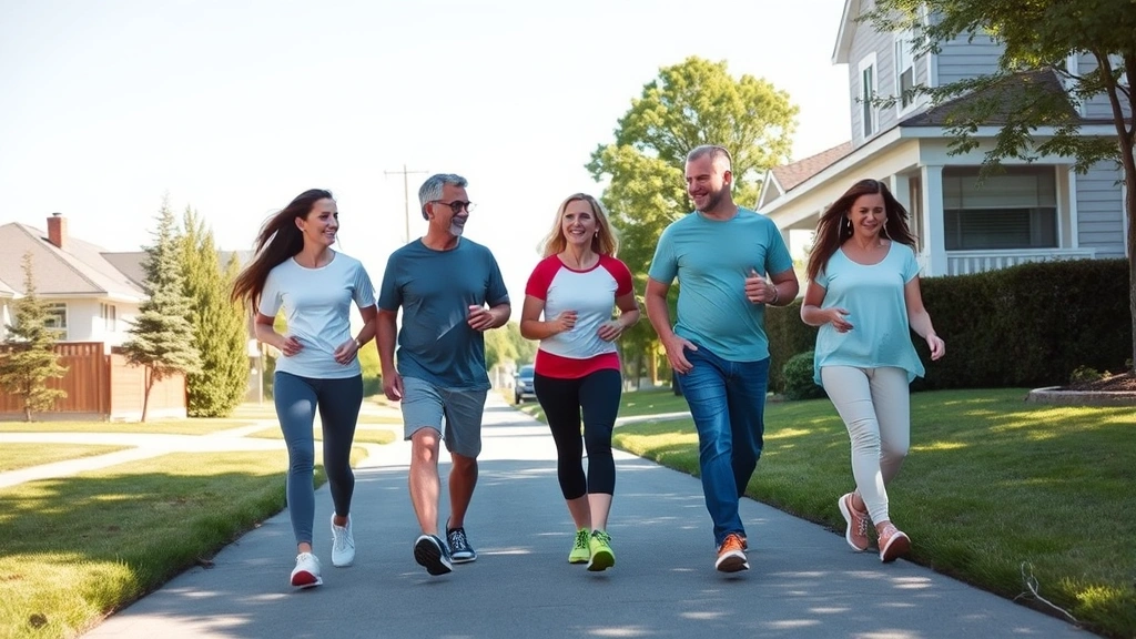Diverse group of adults walking together on sunny paved path through residential neighborhood, wearing casual athletic clothing and comfortable shoes