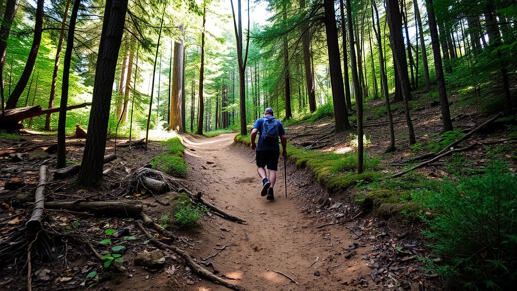 Person hiking on natural dirt trail through forest with elevation changes, surrounded by trees and natural vegetation