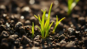 Close-up of moist soil surface with fresh grass seedlings emerging, water droplets visible on young grass blades, natural sunlight, shallow depth of field focusing on germinating seeds