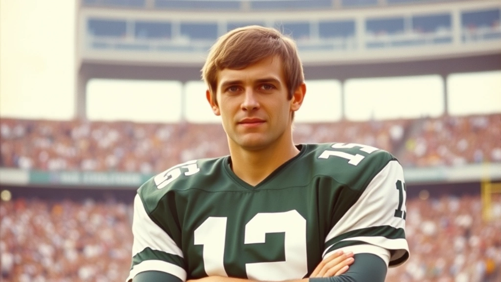Professional portrait of 1970s quarterback in Jets uniform, confident stance, stadium background, authentic vintage sports photography