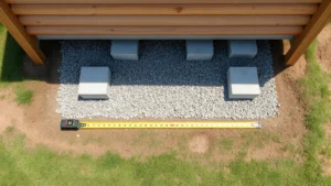 Overhead view of a wooden shed foundation with concrete pier blocks properly spaced and leveled using laser level equipment, showing gravel base preparation and measuring tape on grass