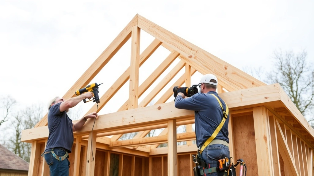 Carpenter installing wooden roof trusses on a partially framed shed structure, showing proper nail gun usage, safety harness, and gable roof design with multiple trusses in place