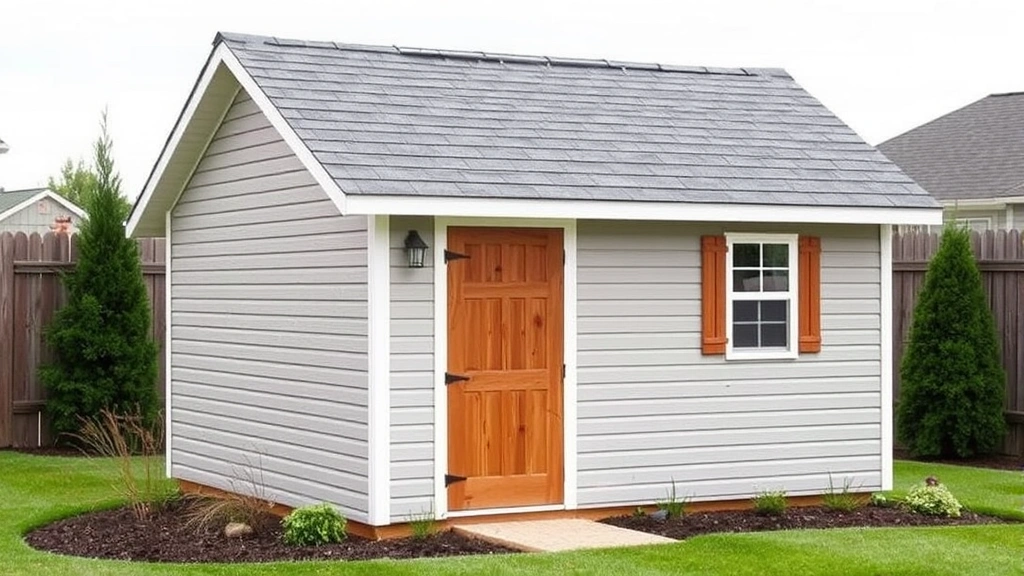 Completed small residential wooden shed with gray asphalt shingle roof, vinyl siding, white trim, wooden door, and window, surrounded by landscaping and grass yard