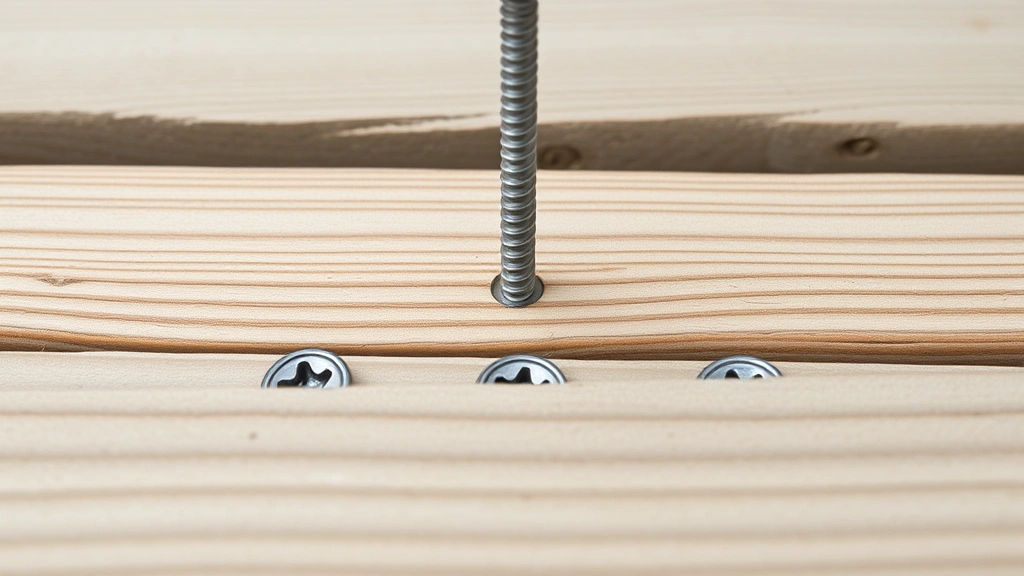 Close-up of stainless steel deck fasteners being installed into composite decking boards, showing proper screw placement and spacing for deck construction