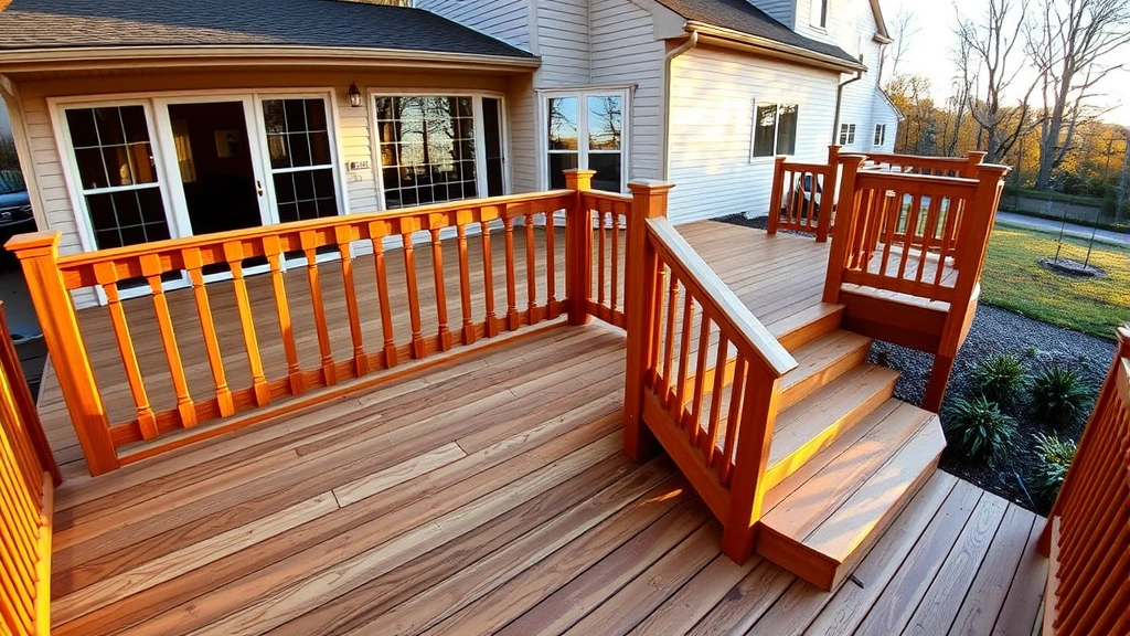 Wide-angle view of completed wooden deck with railings, stairs, and balusters installed, attached to residential home with landscaping visible, afternoon lighting