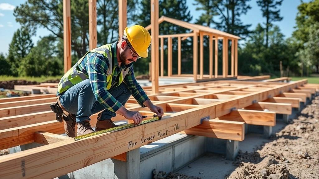 Professional construction worker measuring and marking treated lumber for shed frame on a concrete foundation pad, wearing safety gear and using measuring tape