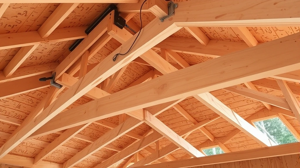 Detailed view of properly installed roof trusses with metal connectors and plywood sheathing on a residential shed structure under construction