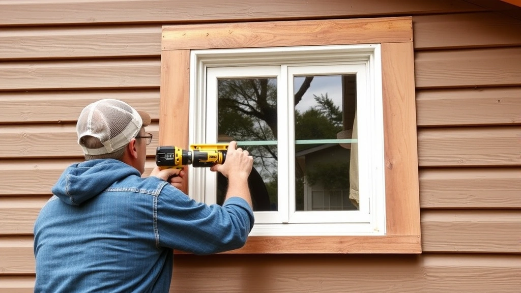 Worker installing vinyl siding on shed exterior wall with proper weatherproof flashing around a window opening, using power drill and level for alignment