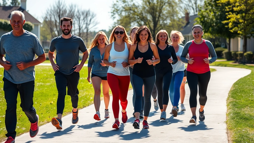 Diverse group of adults walking on flat paved suburban path on sunny morning, wearing athletic casual clothing, varying body types and apparent ages, natural outdoor setting