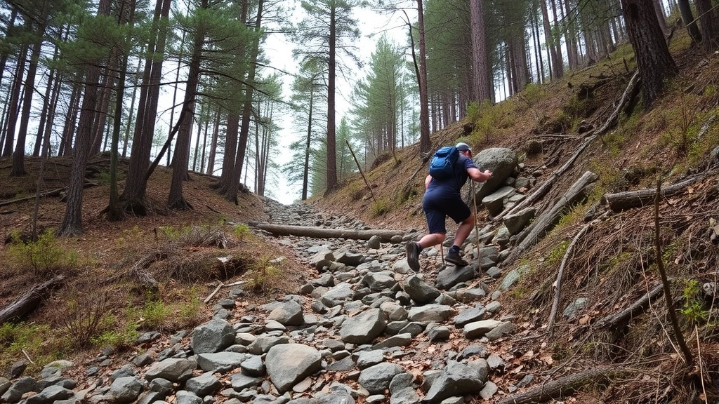 Person hiking uphill on rocky forest trail with trees and vegetation, demonstrating challenging terrain and elevation change impact on walking difficulty