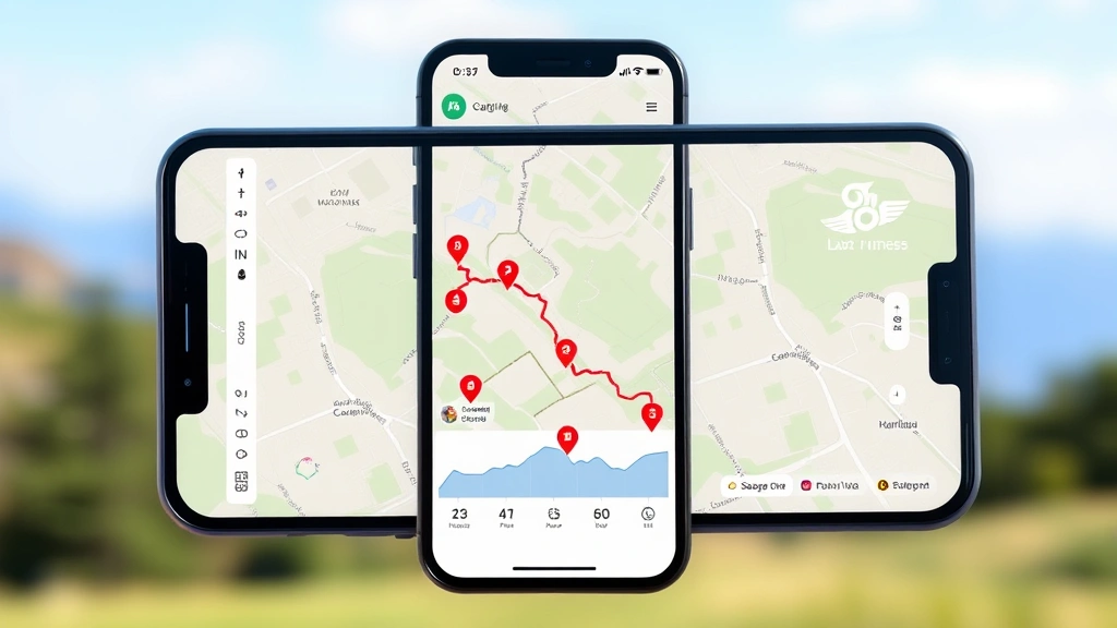 Outdoor walking route map displayed on smartphone with fitness tracking app, showing distance markers and elevation profile visualization for route planning