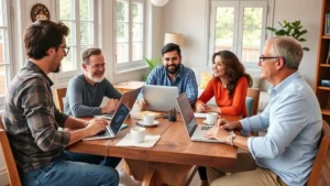 A diverse study group of adults sitting around a wooden table with laptops, notebooks, and coffee cups, engaged in animated conversation with a Spanish tutor, natural lighting from windows, warm home study environment, photorealistic