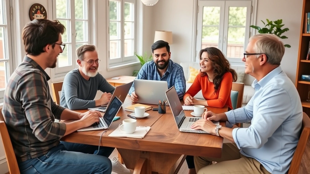A diverse study group of adults sitting around a wooden table with laptops, notebooks, and coffee cups, engaged in animated conversation with a Spanish tutor, natural lighting from windows, warm home study environment, photorealistic