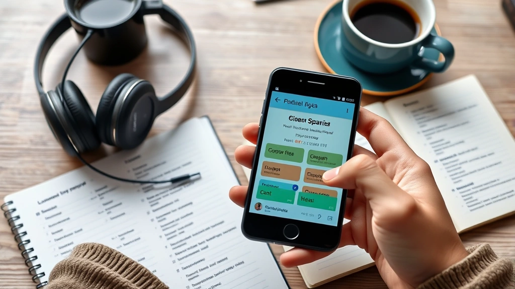 Close-up of hands holding a smartphone displaying a Spanish language learning app with headphones nearby, notebook with Spanish vocabulary notes scattered around, morning desk setup with coffee, natural daylight, photorealistic