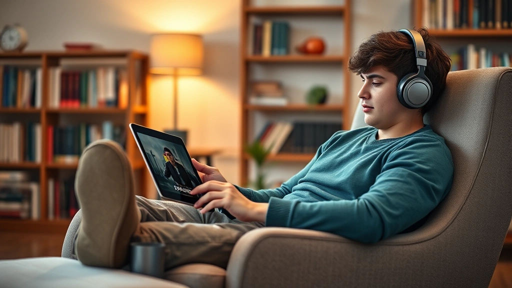 A student sitting in a comfortable chair wearing headphones, watching a Spanish-language film on a tablet, relaxed learning posture, living room setting with bookshelves containing Spanish books visible in background, warm ambient lighting, photorealistic