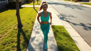 Overhead view of athletic woman in bright activewear walking on sunny suburban sidewalk, confident stride, clear shadows indicating morning light, residential street background