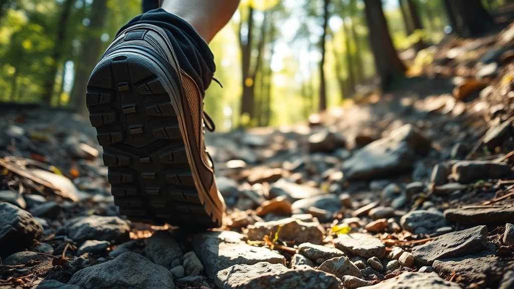 Close-up of hiking boots on rocky trail with elevation gain visible, person walking uphill through natural forest terrain, dappled sunlight through trees