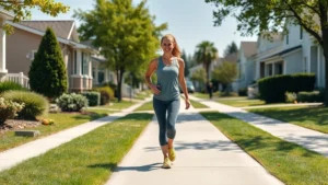 Adult woman walking on flat paved sidewalk in suburban neighborhood during daytime, wearing athletic casual clothing, natural confident stride, residential houses and trees in background, bright sunny weather
