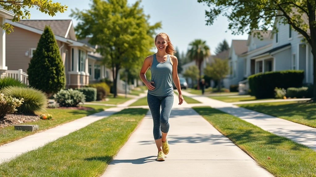 Adult woman walking on flat paved sidewalk in suburban neighborhood during daytime, wearing athletic casual clothing, natural confident stride, residential houses and trees in background, bright sunny weather
