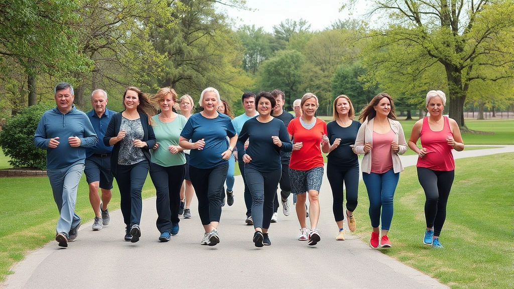 Diverse group of people of different ages walking together on park trail with natural scenery, some walking briskly others leisurely, green trees and grassy area visible, outdoor fitness activity