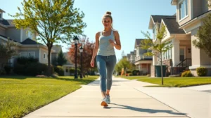 Fit adult woman walking on flat concrete sidewalk in suburban neighborhood on sunny morning, wearing athletic shoes and comfortable clothing, natural daylight, confident posture