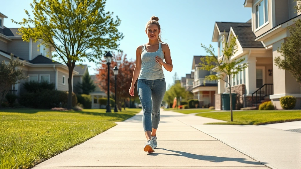 Fit adult woman walking on flat concrete sidewalk in suburban neighborhood on sunny morning, wearing athletic shoes and comfortable clothing, natural daylight, confident posture