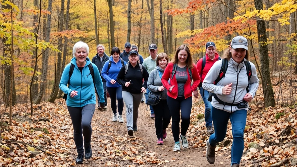 Diverse group of walkers on wooded nature trail with elevation changes, some uphill, autumn foliage, natural earth tones, varying fitness levels represented