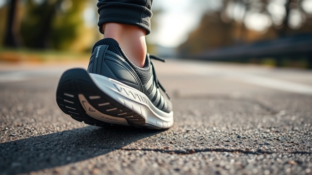 Close-up of proper athletic walking shoes on pavement, showing good tread and support design, outdoor daylight setting, professional product-style photography