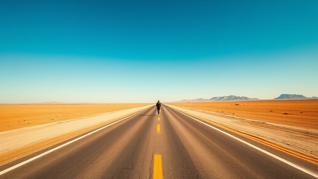 Wide landscape photograph of a lone walker on a straight desert highway stretching to the horizon under clear blue sky, golden sunlight, realistic dust and road markings visible, no people close-up