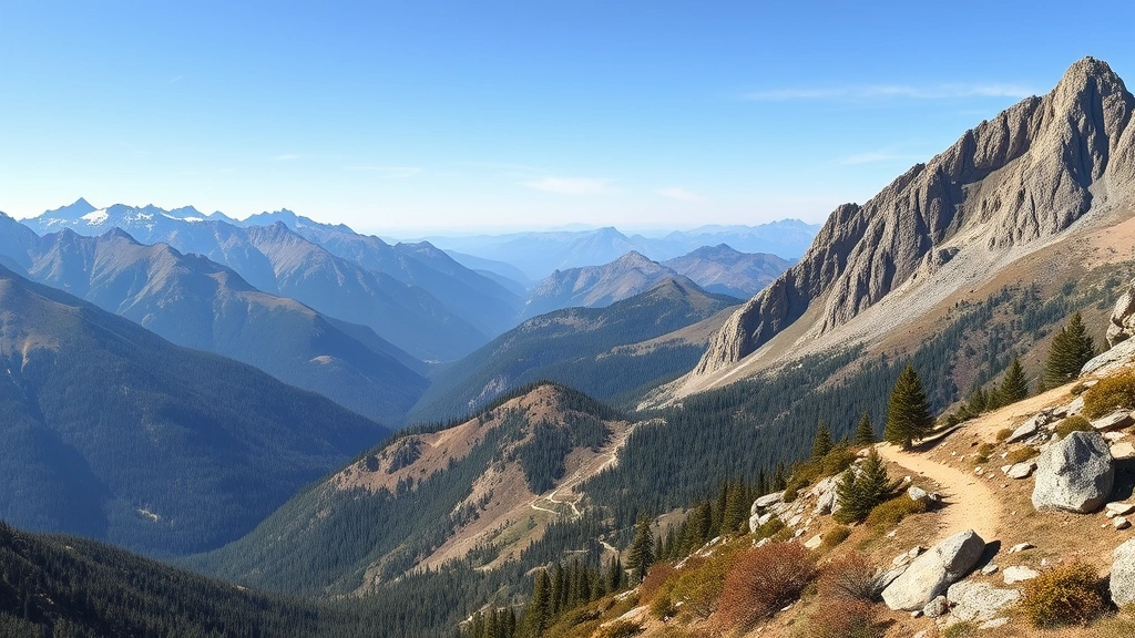 Panoramic mountain range vista showing varied terrain with hiking trail visible, forests and peaks, natural daylight, wide-angle perspective of transcontinental landscape challenge
