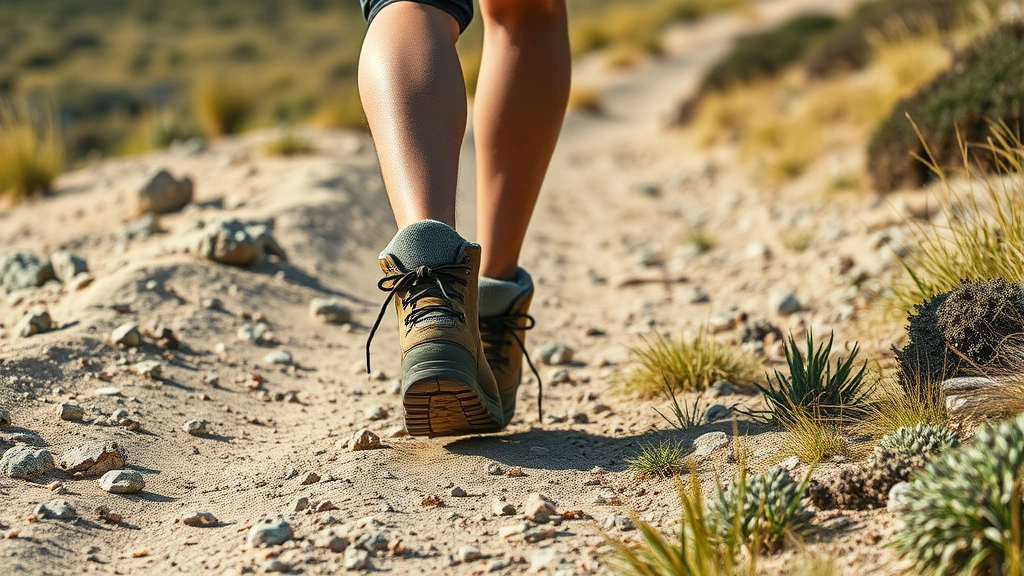 Realistic photograph of worn hiking boots and legs of a walker on diverse terrain transitioning from desert to grassland, showing path variation, natural outdoor lighting, action perspective