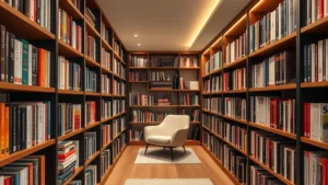 Modern home library shelving system with organized books by category, warm lighting, wooden shelves, comfortable reading chair visible in background, clean and well-maintained collection