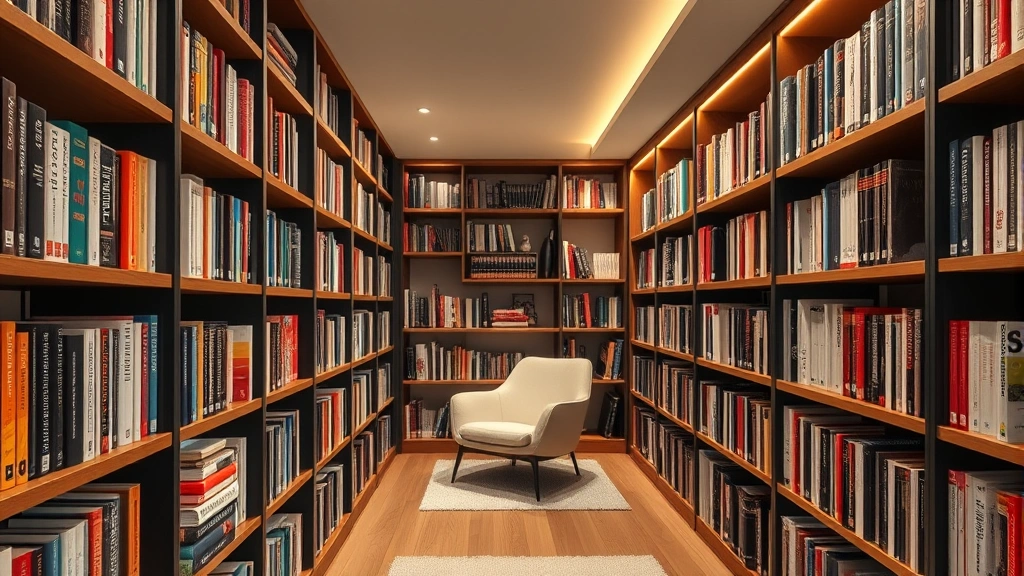 Modern home library shelving system with organized books by category, warm lighting, wooden shelves, comfortable reading chair visible in background, clean and well-maintained collection