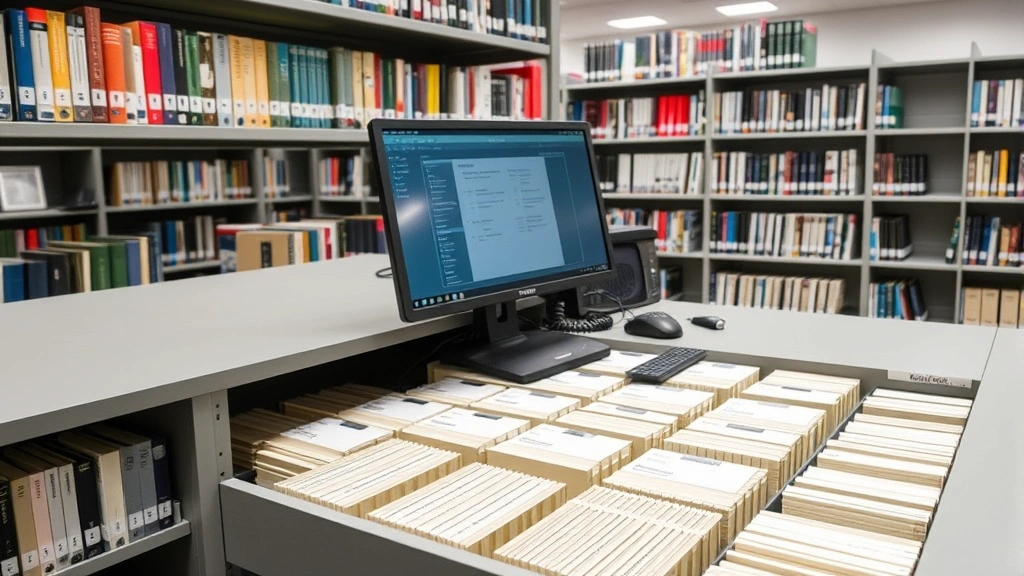 Professional library cataloging station with computer monitor, organized card catalog drawer system, classification labels visible, librarian workspace setup, institutional library environment
